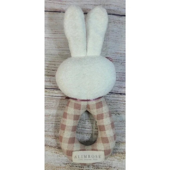 Alimrose Plush Bunny Baby Rattle Off White Dusty Rose Gingham Check 8" - Picture 2 of 3